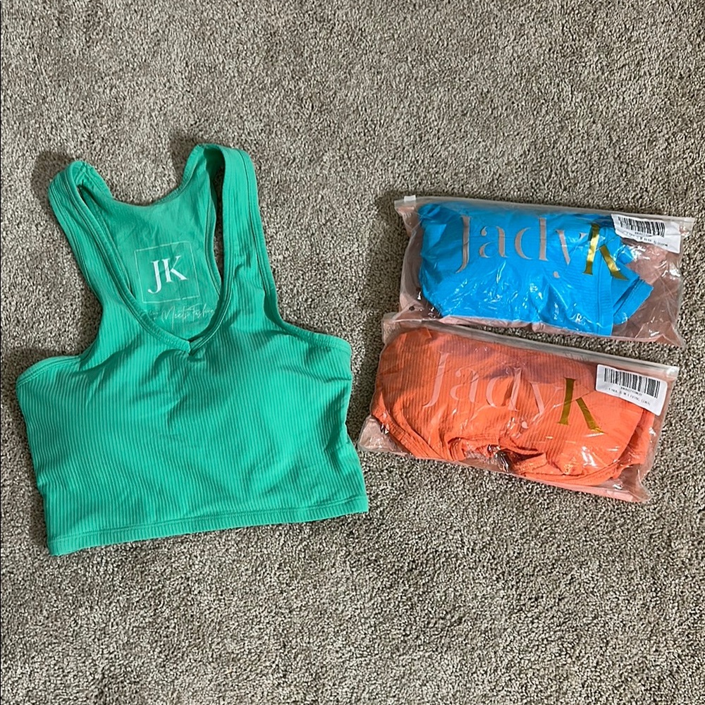Set of 3 Ribbed Crop Tops with Built in high support Bras and phone pockets